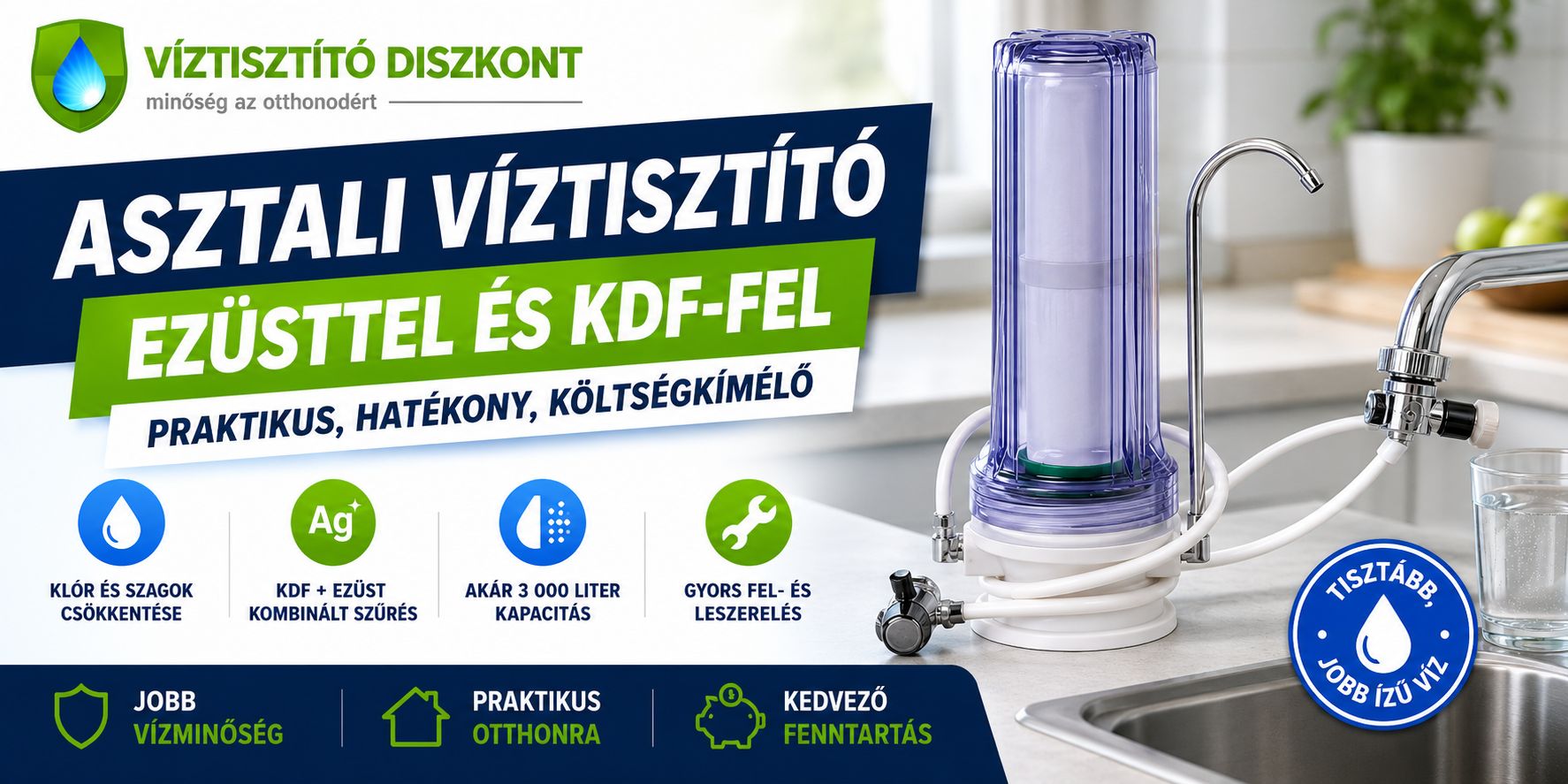 Asztali víztisztító ezüsttel és KDF-fel