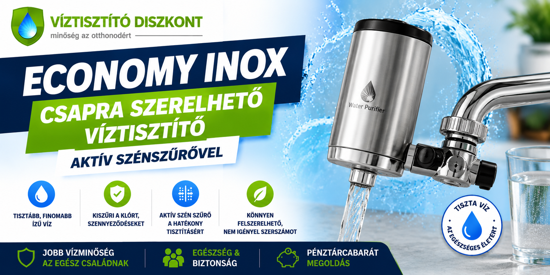 Economy inox csapra szerelhető víztisztító aktív szénszűrővel