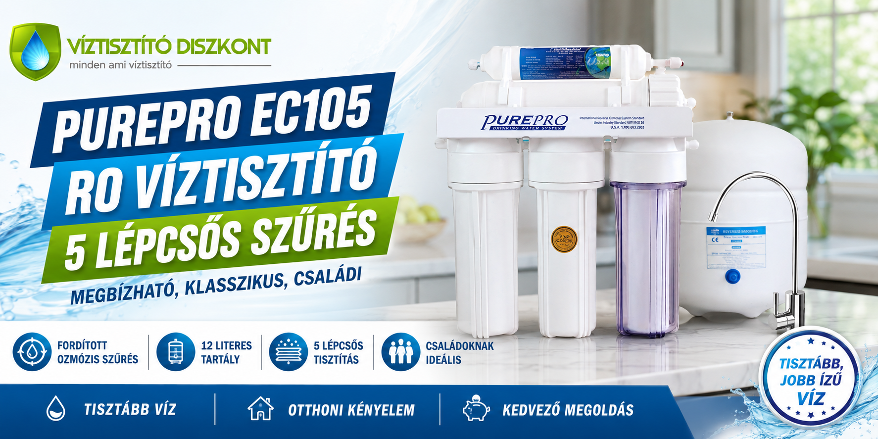 A PurePro EC105 háztartási RO (Reverse Osmosis - fordított ozmózis) víztisztító konyhai mosogató alá